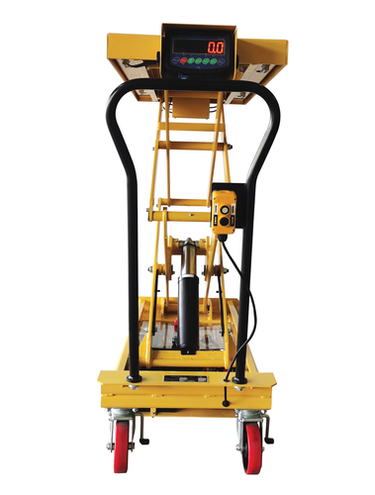 Steel Hydraulic Scissor Cart DC Powered With Scale 20-1/2 In. x 39-3/4 In. 1,000 Lb. Capacity Yellow
